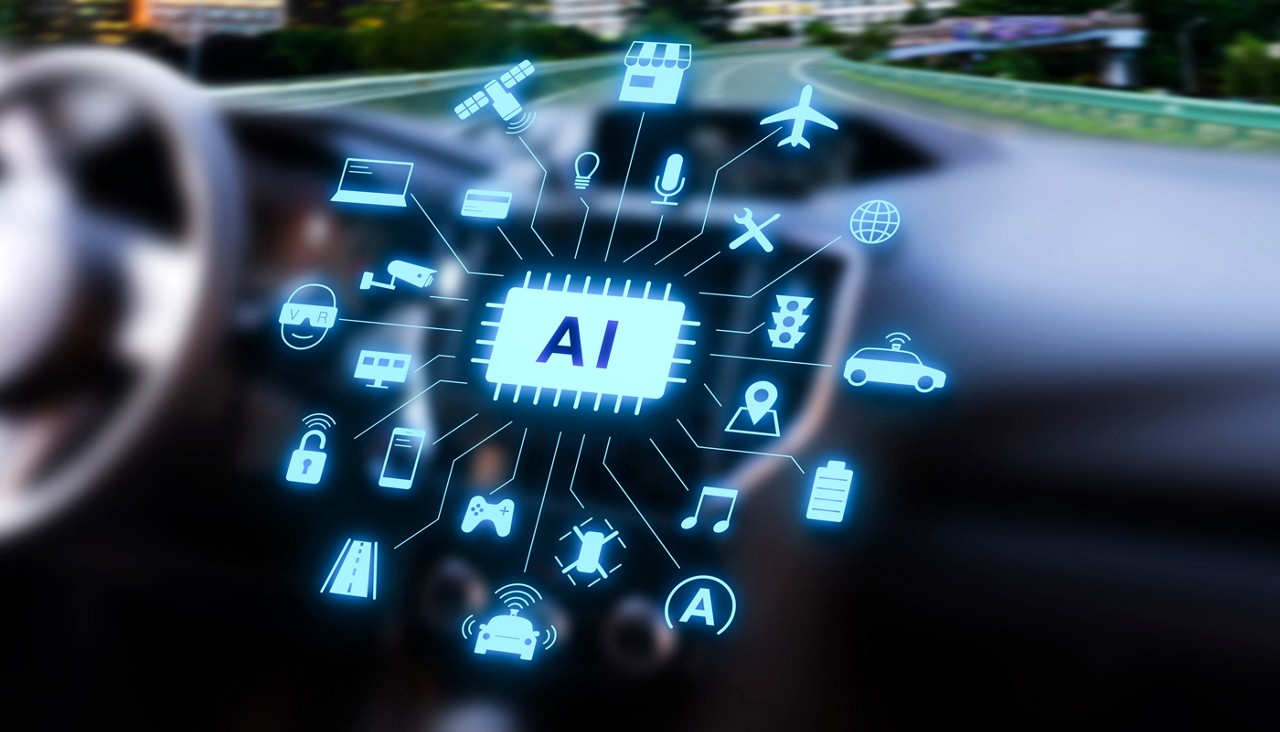 A futuristic car dashboard showing AI as the main feature in this vehicle.