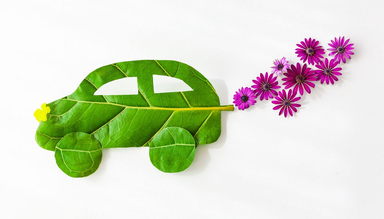A grraphic of a "green" car made of leaves and bright purple flowers coming from the exhaust to indicate the benefits of recycling.