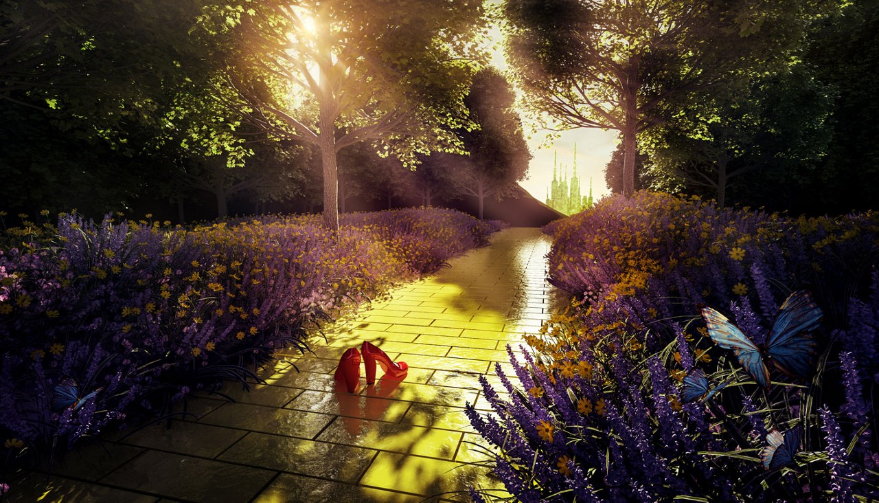 Yellow brick road with red slippers and green castle in background