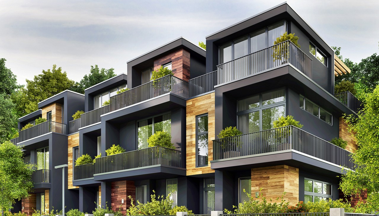A modern gray and wood exterior condo building