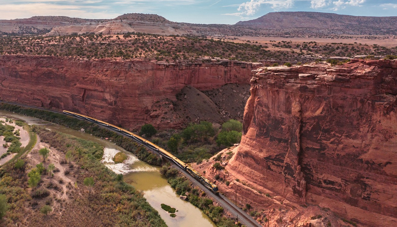 Rocky Mountaineer train traveling through Ruby Canyon