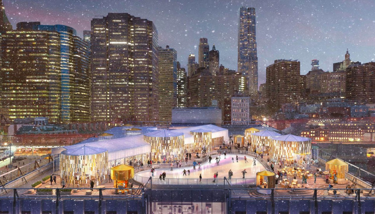 Aerial view of the ice rink at the Seaport in NYC