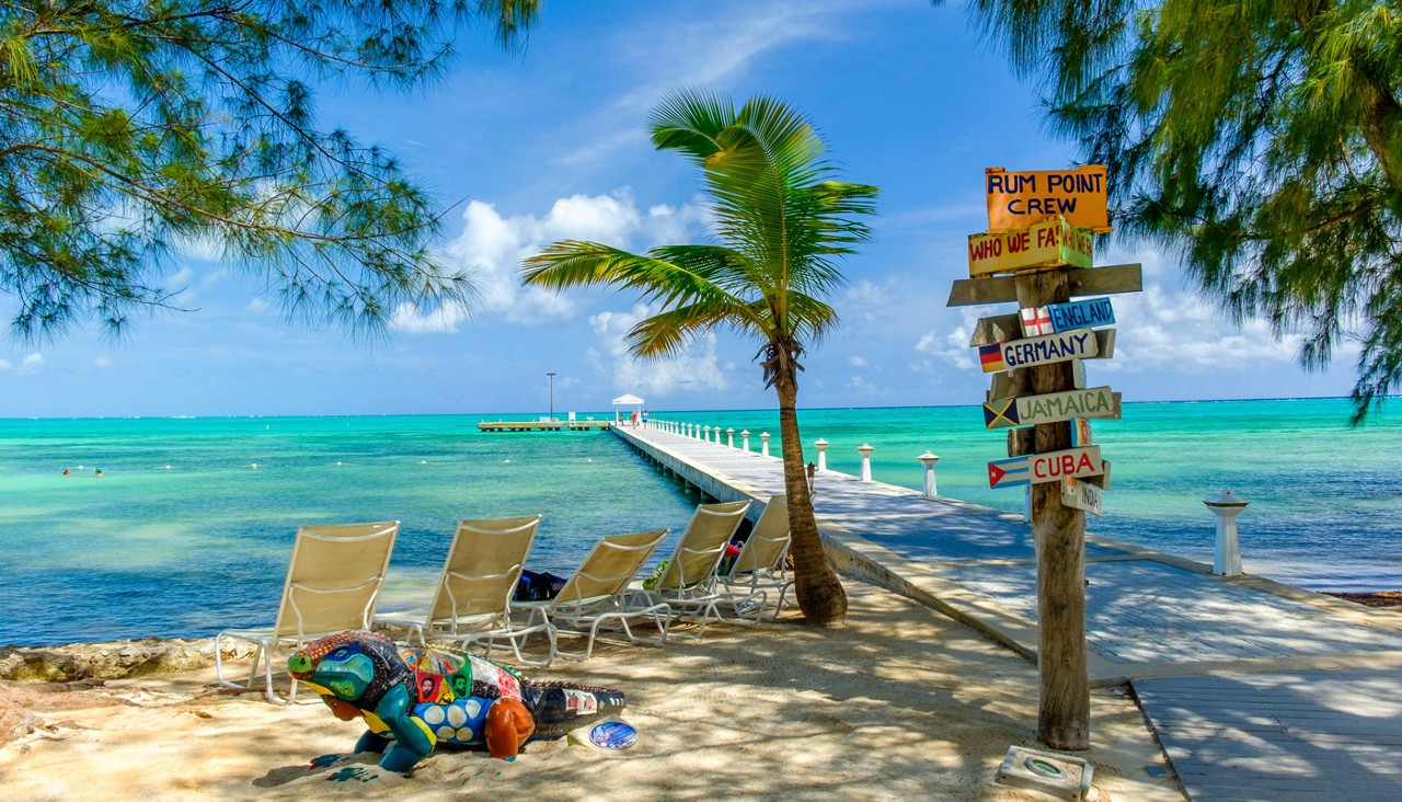 Grand Cayman, Cayman Islands, Rum Point Beach with view on the Caribbean Sea and a jetty