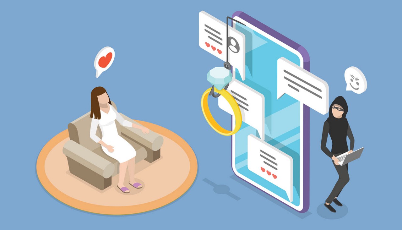 illustration of woman being catfished by a scammer