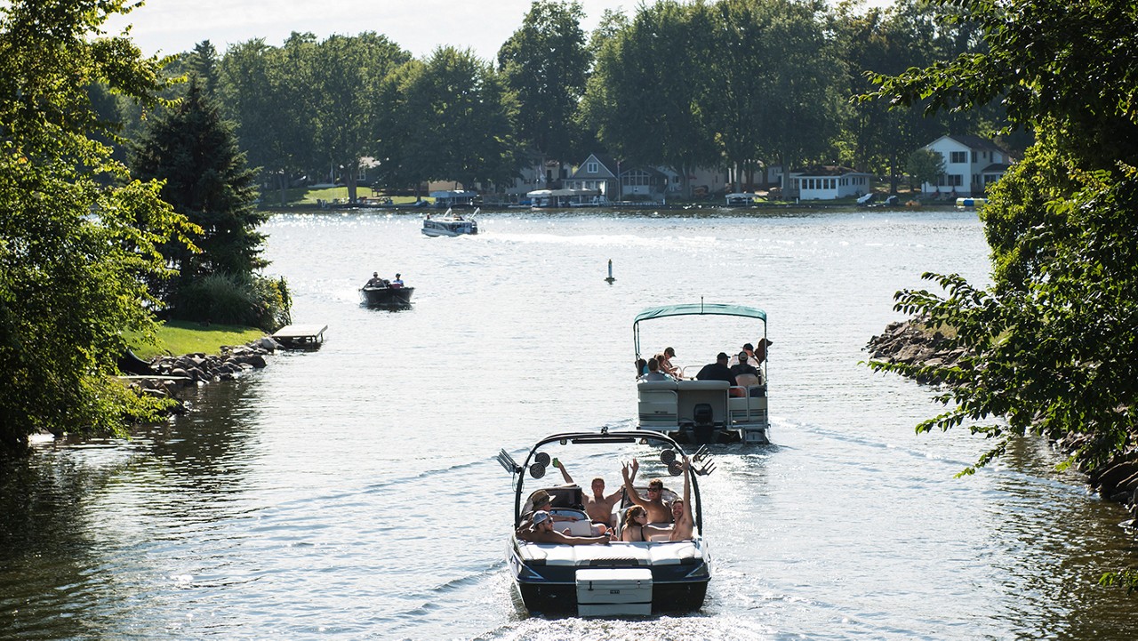 Pontoons on a lake in Coldwater Country Michigan